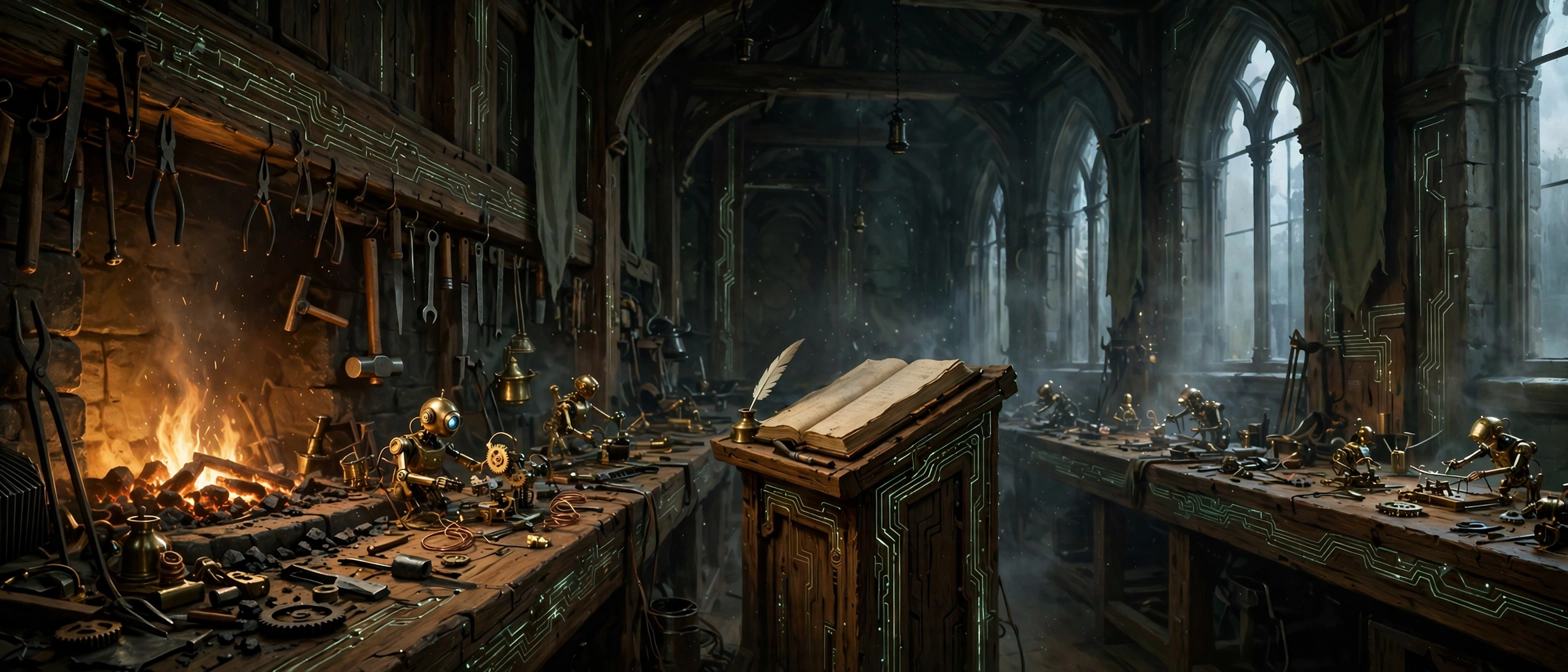 A grand guild hall with brass-lit workstations